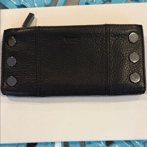 Hammitt Pebble Black Supple wallet 110 North gunmetal silver zip pocket like new